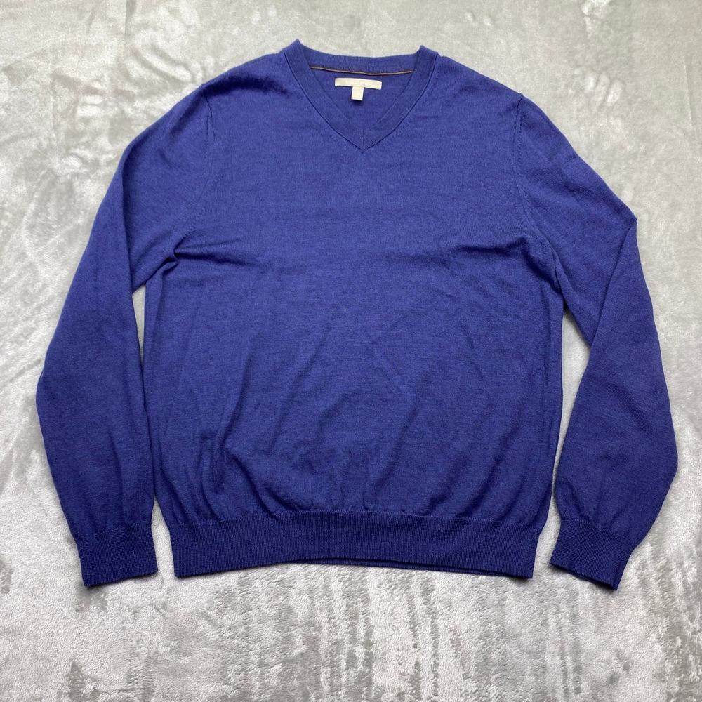 NORDSTROM V Neck Long Sleeve Sweater Men Size L Blue Fine Merino‎ Wool Casual